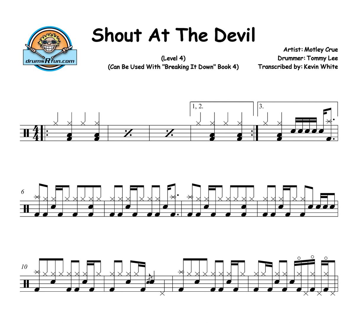 Motley Crue, Shout At The Devil Drum Transcription Level 4